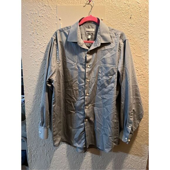 Van Heusen Grey Regular Fit Lux Sateen Button Down Shirt Men’s Size 17 34/35 - Picture 1 of 11